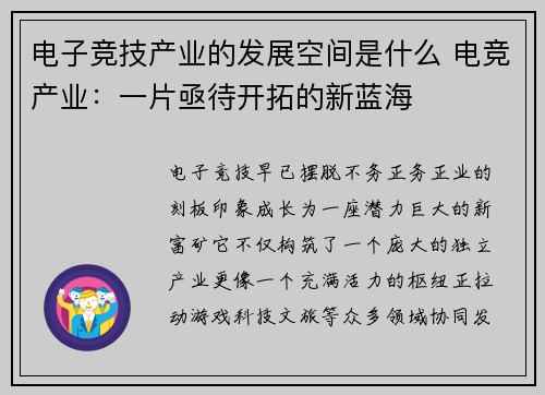 电子竞技产业的发展空间是什么 电竞产业：一片亟待开拓的新蓝海
